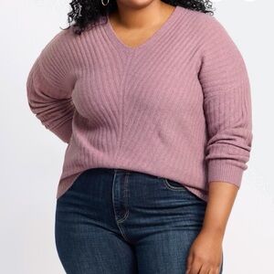 Elegant V-Neck Ribbed Sweater - Mauve